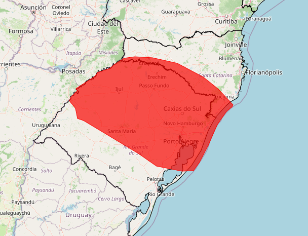 Volume de chuva poderá passar de 100 mm por dia, com ventos superiores a 100 km/h e queda de granizo (Imagem: reprodução/Inmet)