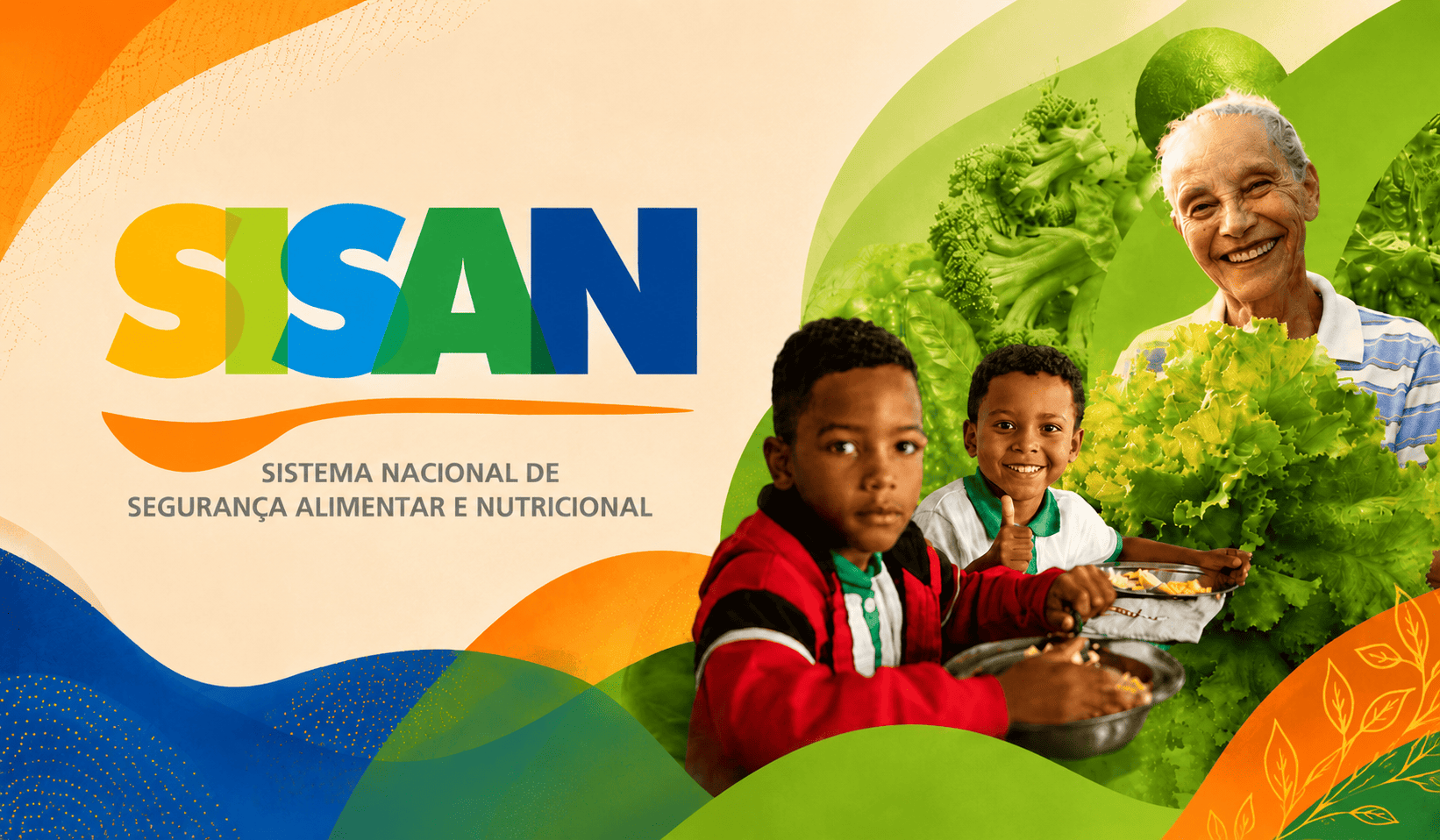 Banner do Sisan com logotipo do Sistema Nacional de Segurança Alimentar e Nutricional, crianças com refeição e mulher idosa segurando verduras, sobre fundo com alimentos e formas coloridas