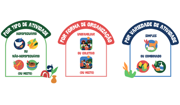 Gráfico ilustrativo que apresenta os tipos de projetos produtivos que podem ser apoiados, organizados em três critérios: por tipo de atividade (agropecuário, não agropecuário ou misto), por forma de organização (unifamiliar, coletivo ou misto) e por variedade de atividade (simples ou combinado).