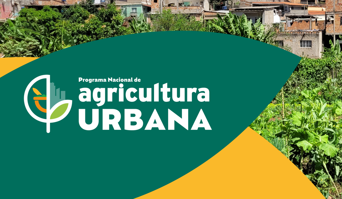 "Banner do Programa Nacional de Agricultura Urbana com fundo verde e amarelo em formas curvas. À esquerda, o logotipo do programa com elementos que representam prédio, planta e alimento. À direita, imagem de uma horta urbana com casas ao fundo. No centro, o texto ‘Programa Nacional de Agricultura Urbana’."