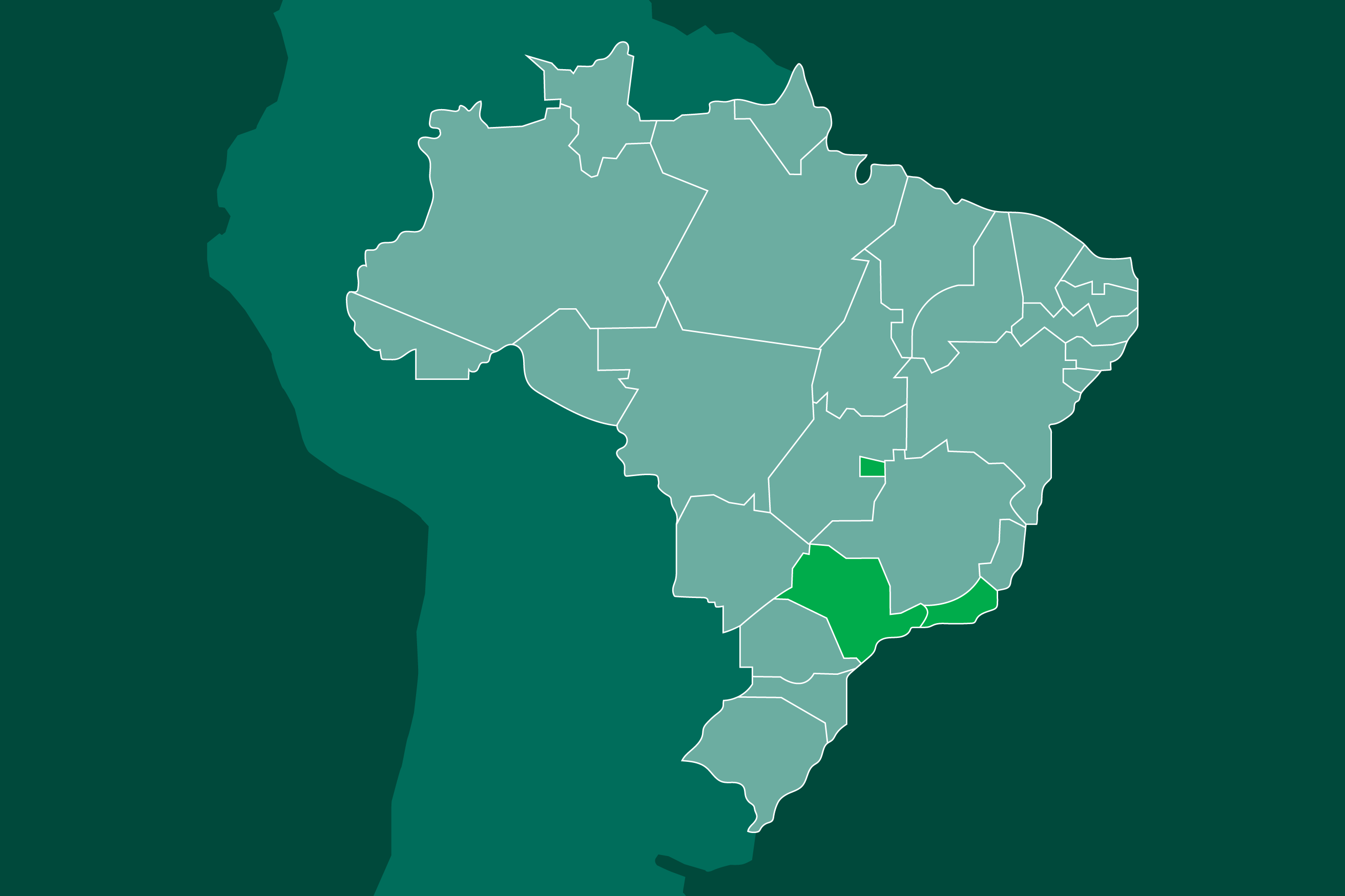 "Mapa do Brasil com todos os estados destacados em verde claro; Goiás e Minas Gerais aparecem marcados em verde mais escuro."