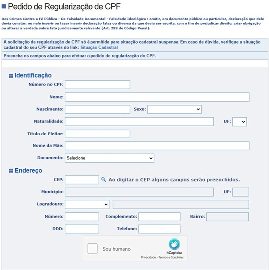 Pedido de Regularização de CPF