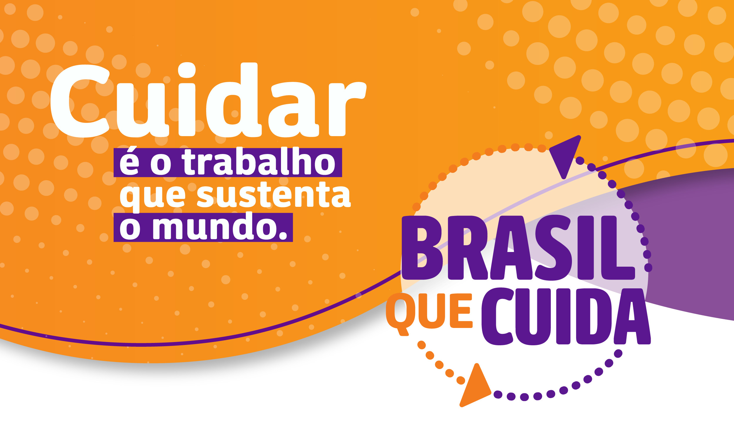 Faixa gráfica nas cores roxo e laranja com o logotipo do programa Brasil que Cuida. À esquerda, o texto: 'Cuidar é o trabalho que sustenta o mundo'. À direita, o logotipo circular do Brasil que Cuida, com setas roxas e laranja ao redor.