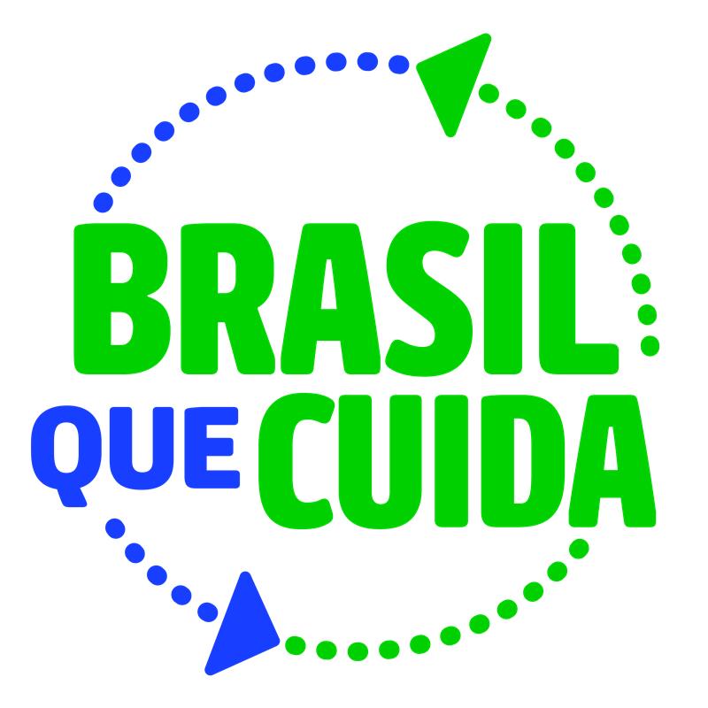 logotipo circular do Brasil que Cuida, com setas verdes e azuis ao redor.