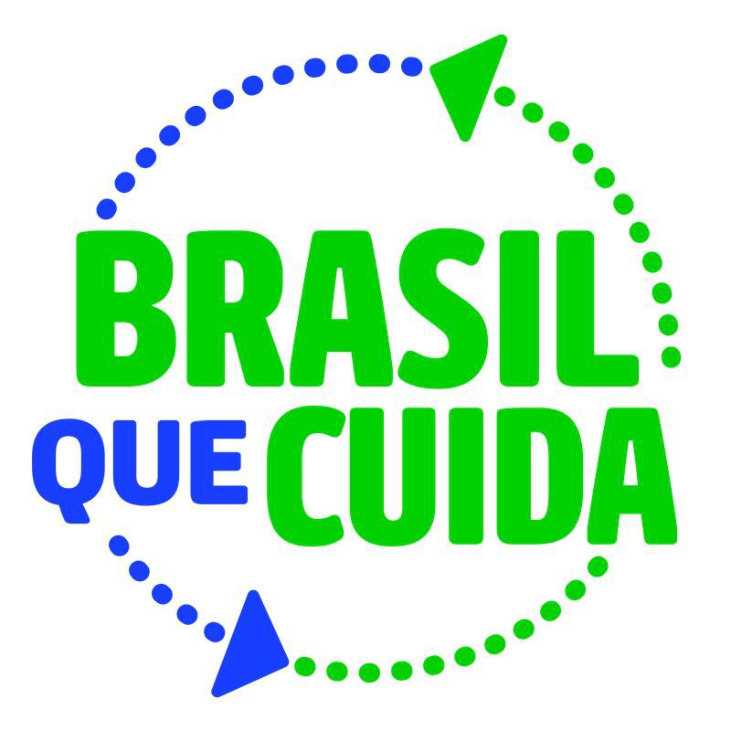 logotipo circular do Brasil que Cuida, com setas verdes e azuis ao redor.