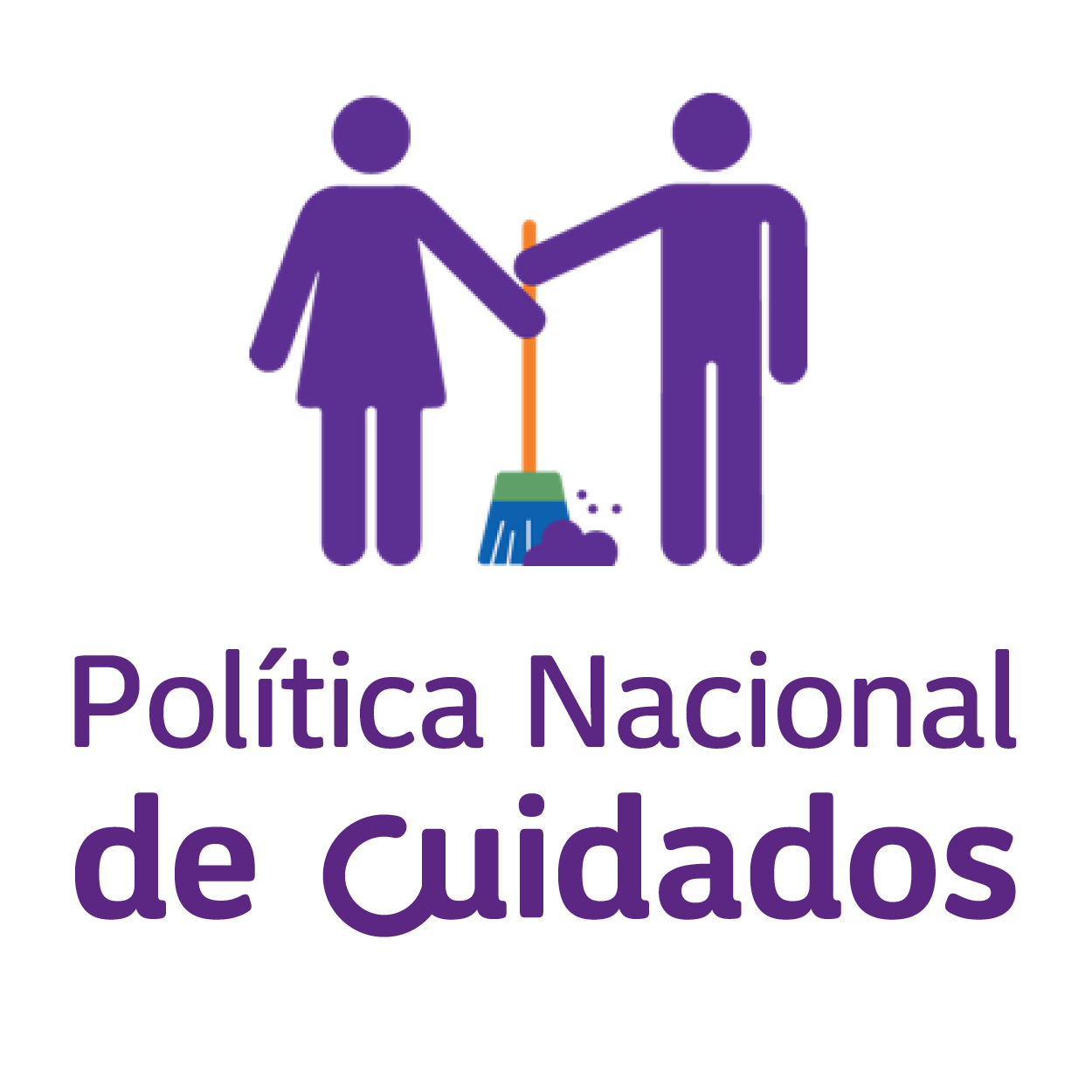 Ícone roxo com duas figuras humanas — uma feminina e uma masculina — segurando juntas um cabo de vassoura. Abaixo, o texto: 'Política Nacional de Cuidados'.