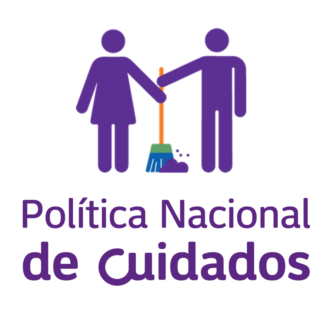Ícone roxo com duas figuras humanas — uma feminina e uma masculina — segurando juntas um cabo de vassoura. Abaixo, o texto: 'Política Nacional de Cuidados'.