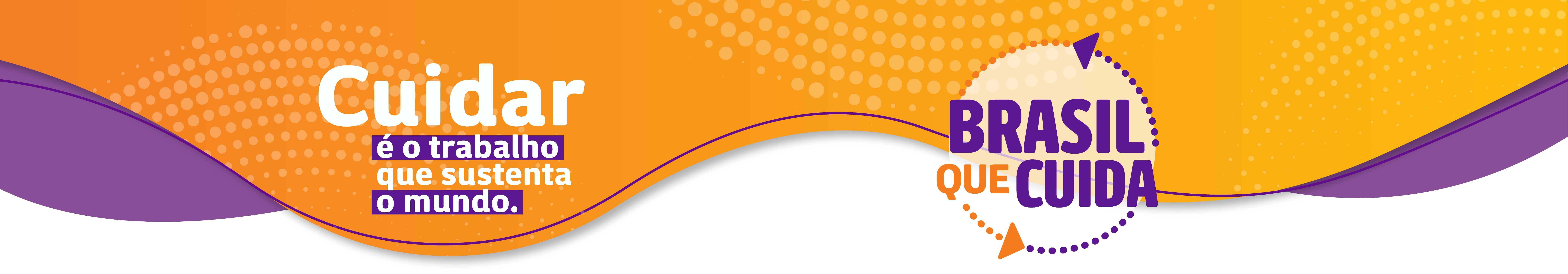 Faixa gráfica nas cores roxo e laranja com o logotipo do programa Brasil que Cuida. À esquerda, o texto: 'Cuidar é o trabalho que sustenta o mundo'. À direita, o logotipo circular do Brasil que Cuida, com setas roxas e laranja ao redor.