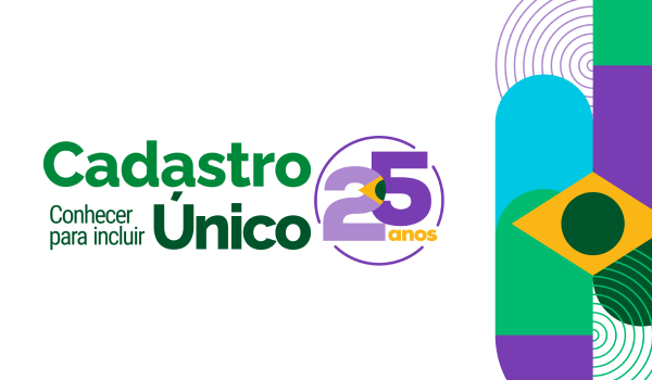 Banner do Cadastro Único com as cores verde, verde escuro, roxo e azul. O banner funciona como um link e, ao ser clicado, direciona o usuário para a página do Novo Cadastro Único.