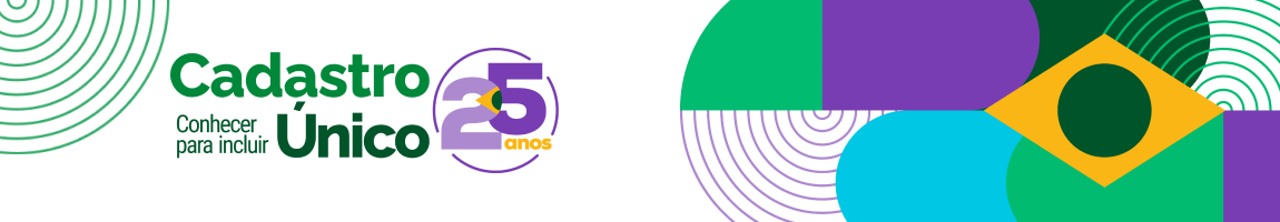 Banner do Cadastro Único com as cores verde, verde escuro, roxo e azul. O banner funciona como um link e, ao ser clicado, direciona o usuário para a página do Novo Cadastro Único.