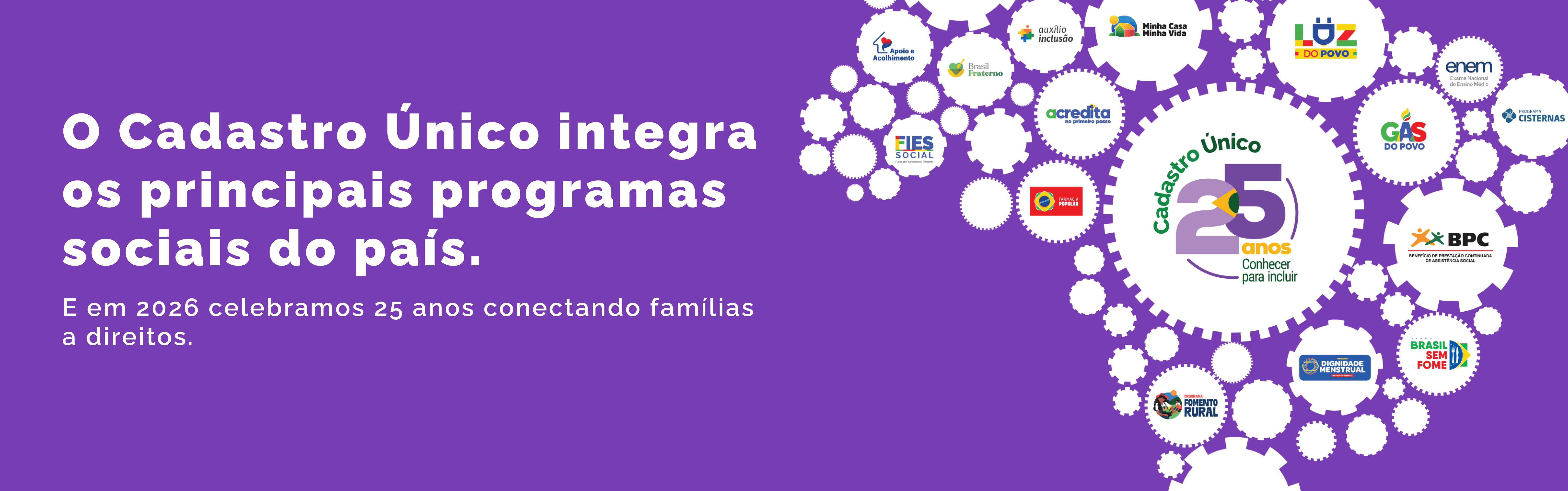 "Arte institucional dos 25 anos do Cadastro Único com engrenagens e logos de programas sociais do Governo Federal"