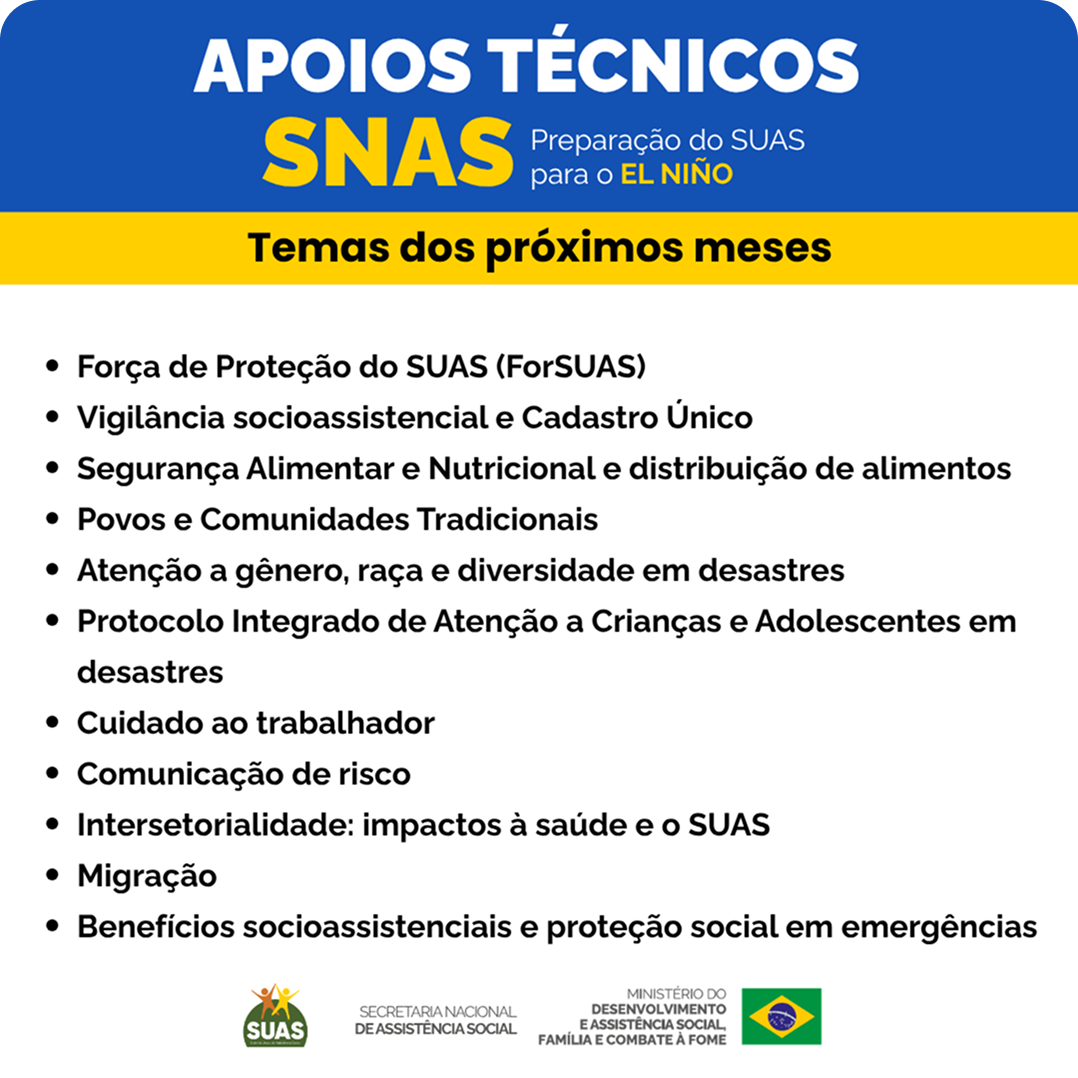 Temas dos próximos meses dos Apoios Técnicos SNAS para preparação do SUAS diante do fenômeno El Niño