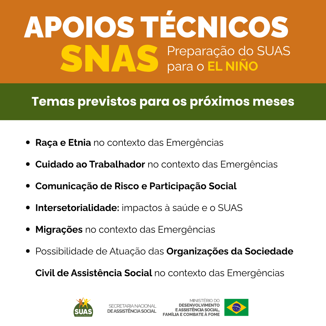 Temas dos próximos meses dos Apoios Técnicos SNAS para preparação do SUAS diante do fenômeno El Niño