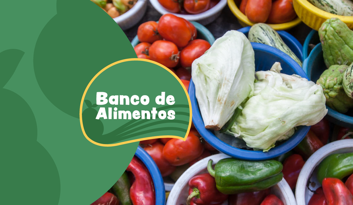 Banco de Alimentos: "Fotografia de uma cesta com alface, pimentões e tomates frescos em um mercado, com um fundo verde e o texto 'Banco de Alimentos' em destaque."