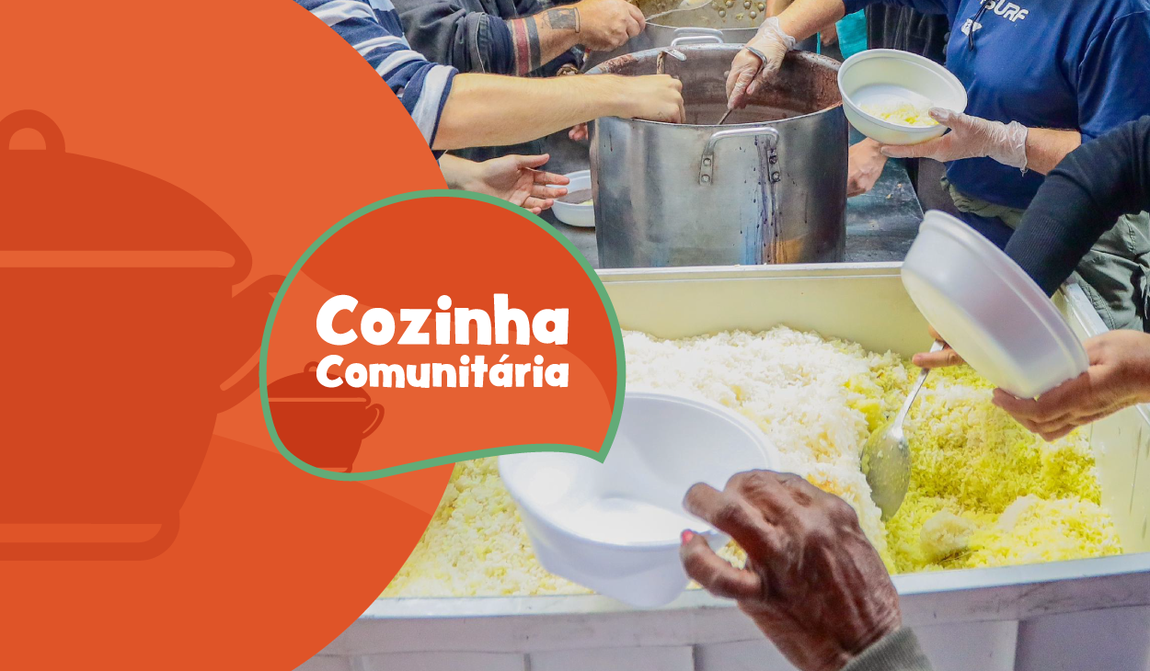 Cozinha Comunitária: "Imagem mostrando pessoas servindo comida em um ambiente comunitário, com um fundo laranja e o texto 'Cozinha Comunitária' em evidência."