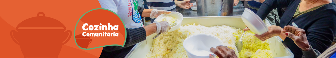 Cozinha Comunitária: "Imagem mostrando pessoas servindo comida em um ambiente comunitário, com um fundo laranja e o texto 'Cozinha Comunitária' em evidência."