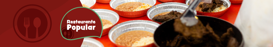 Restaurante Popular: "Cena de marmitas sendo preenchidas com arroz, feijão e carne, com um fundo vermelho e o texto 'Restaurante Popular' em destaque."