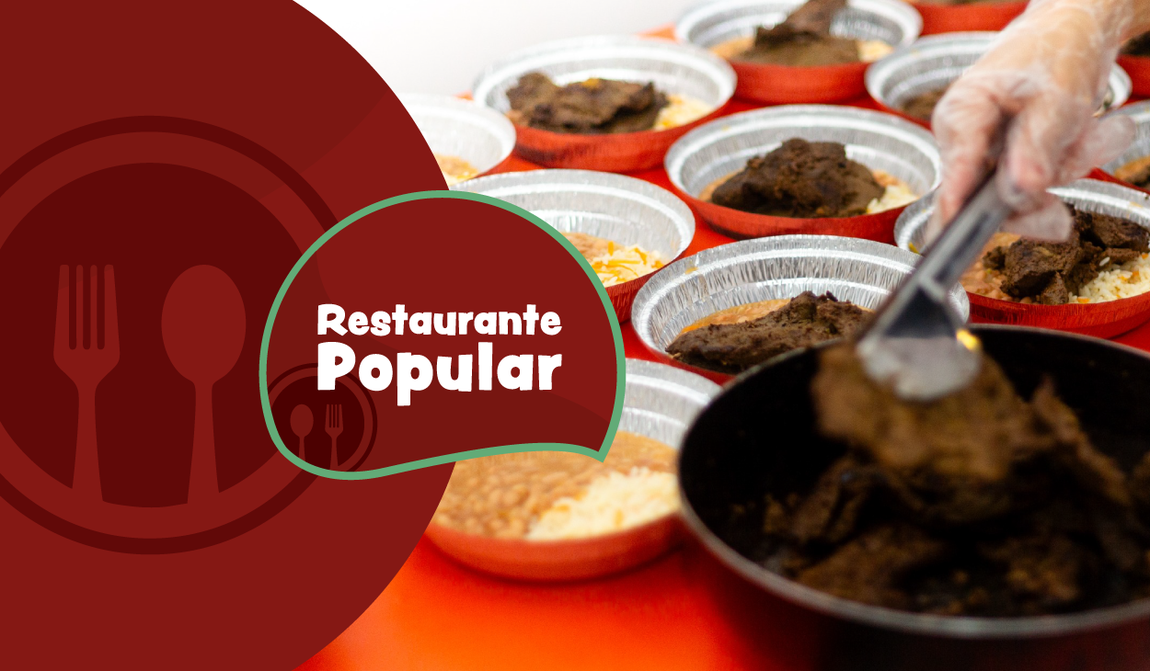 Restaurante Popular: "Cena de marmitas sendo preenchidas com arroz, feijão e carne, com um fundo vermelho e o texto 'Restaurante Popular' em destaque."