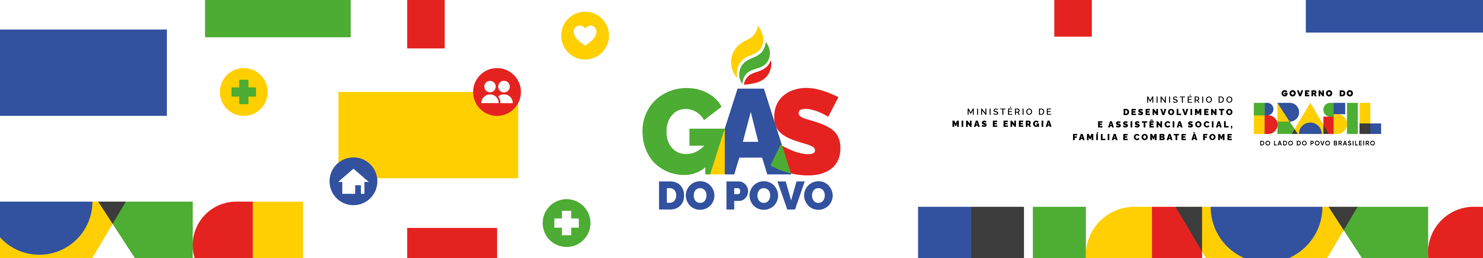 "Banner do programa Gás do Povo com fundo branco e elementos geométricos coloridos espalhados. Ao centro, o logotipo ‘Gás do Povo’ com uma chama estilizada acima da letra A. À direita, os nomes do Ministério de Minas e Energia, do Ministério do Desenvolvimento e Assistência Social, Família e Combate à Fome e o logotipo do Governo Federal."