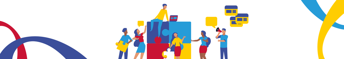 "Ilustração de um grupo de pessoas colaborando em torno de peças de quebra-cabeça gigantes. Uma pessoa sentada no topo usa um laptop, enquanto outras seguram peças, conversam e trocam ideias representadas por balões de fala amarelos. Linhas curvas coloridas decoram as extremidades do banner."