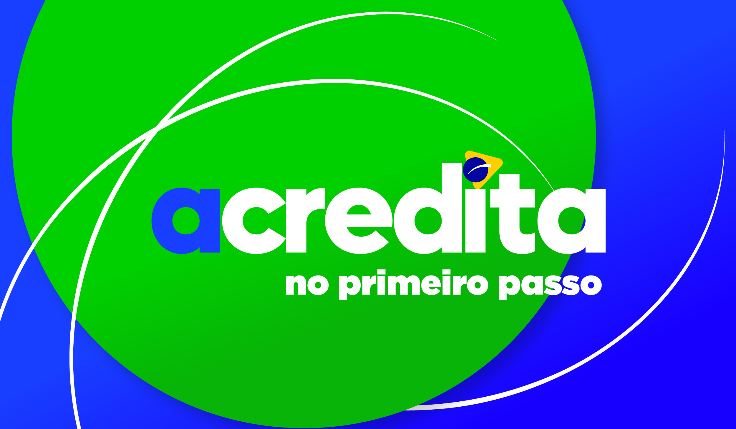 "Banner com fundo verde e azul em formas curvas, contendo o texto ‘acredita no primeiro passo’. A palavra ‘acredita’ está em destaque, com a letra ‘a’ em azul e um ícone estilizado do Brasil sobre a letra ‘i’."