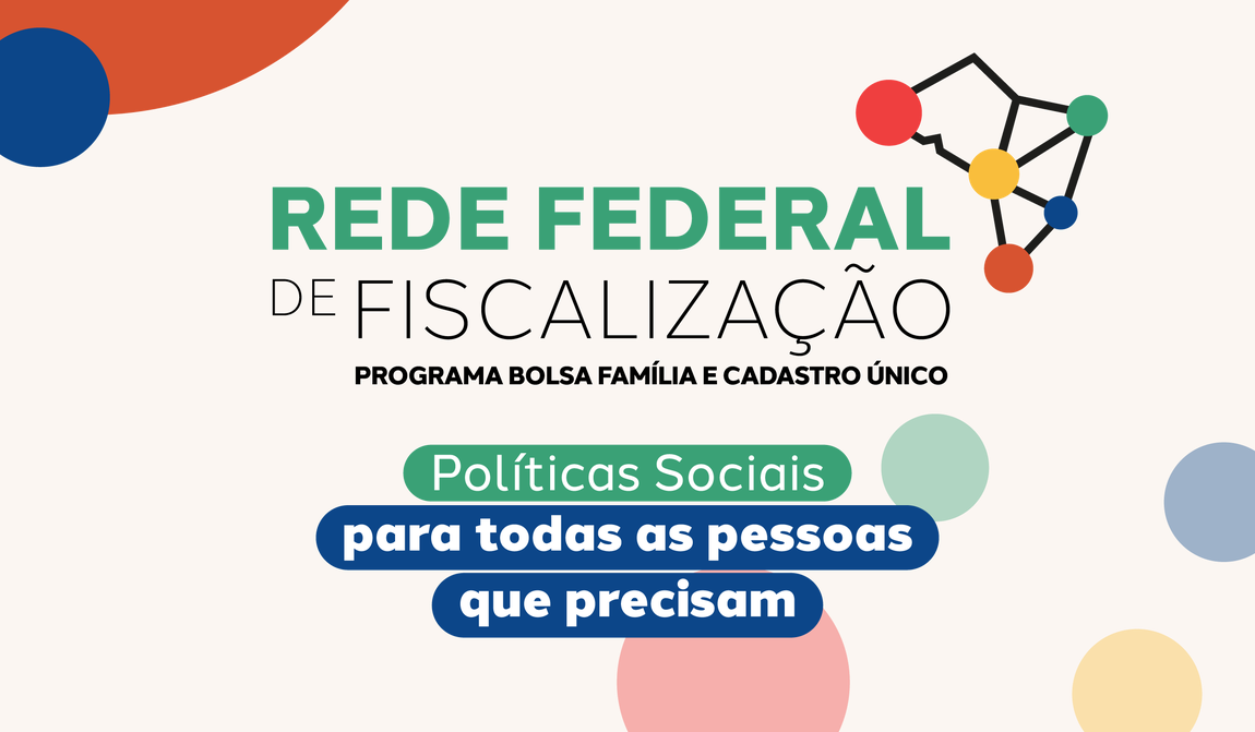 "Banner da Rede Federal de Fiscalização com fundo bege, elementos geométricos circulares e o logotipo formado por pontos coloridos conectados. Ao centro, o texto ‘Rede Federal de Fiscalização – Programa Bolsa Família e Cadastro Único’, seguido da frase ‘Políticas sociais para todas as pessoas que precisam’."