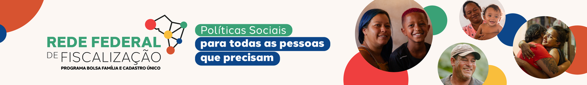 "Banner da Rede Federal de Fiscalização do Programa Bolsa Família e Cadastro Único, com fundo claro e elementos circulares coloridos. À esquerda, o texto ‘Rede Federal de Fiscalização’ e a frase ‘Políticas sociais para todas as pessoas que precisam’. À direita, fotos em molduras circulares mostrando diferentes pessoas e famílias."