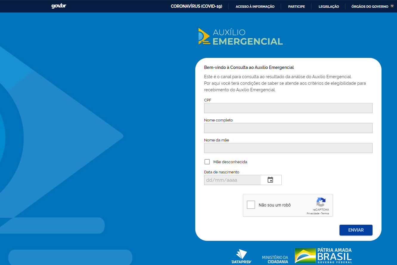 Tela inicial do site para conferência do andamento dos pedidos do Auxílio Emergencial. Clique para conferir