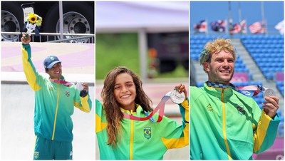 Kelvin Hoefler, Rayssa Leal e Pedro Barros: Medalhas em Tóquio ajudam a popularizar o skate no Brasil. Fotos: Breno Barros e Rodolfo Vilela/rededoesporte.gov.br