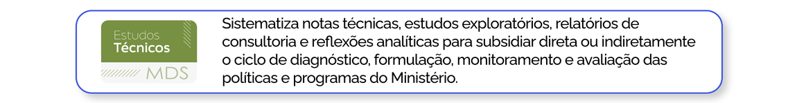 Estudos Técnicos: Sistematiza notas técnicas, estudos exploratórios, relatórios de consultoria e reflexões analíticas para subsidiar direta ou indiretamente o ciclo de diagnóstico, formulação, monitoramento e avaliação das políticas e programas do Ministério.