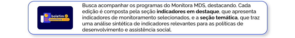 Boletim Monitora MDS: Busca acompanhar os programas do Monitora MDS, destacando. Cada edição é composta pela seção indicadores em destaque, que apresenta indicadores de monitoramento selecionados, e a seção temática, que traz uma análise sintética de indicadores relevantes para as políticas de desenvolvimento e assistência social.