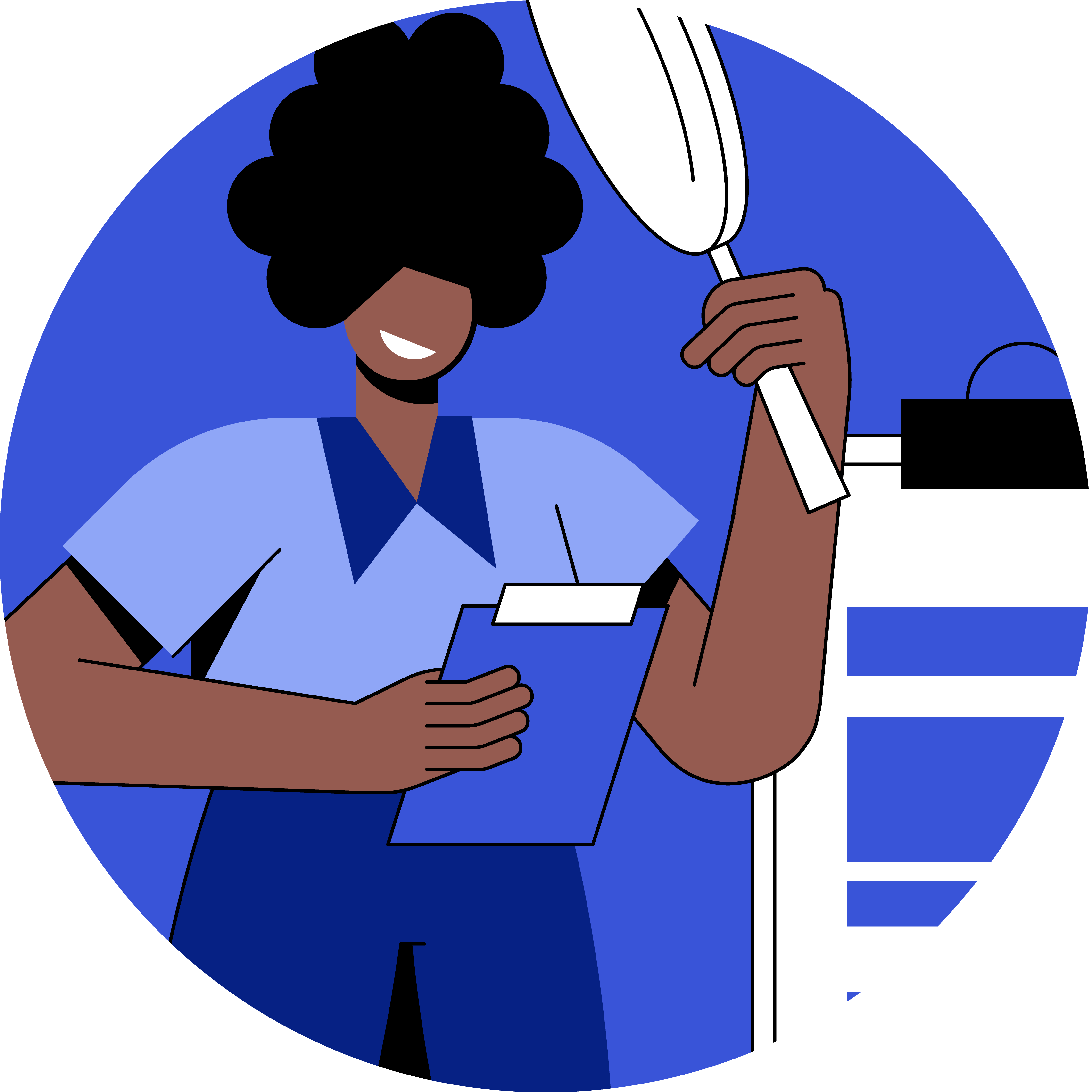  Ilustração de um trabalhador segurando uma prancheta com a mão direita e um bastão branco com a esquerda, representando profissionais envolvidos em políticas públicas.