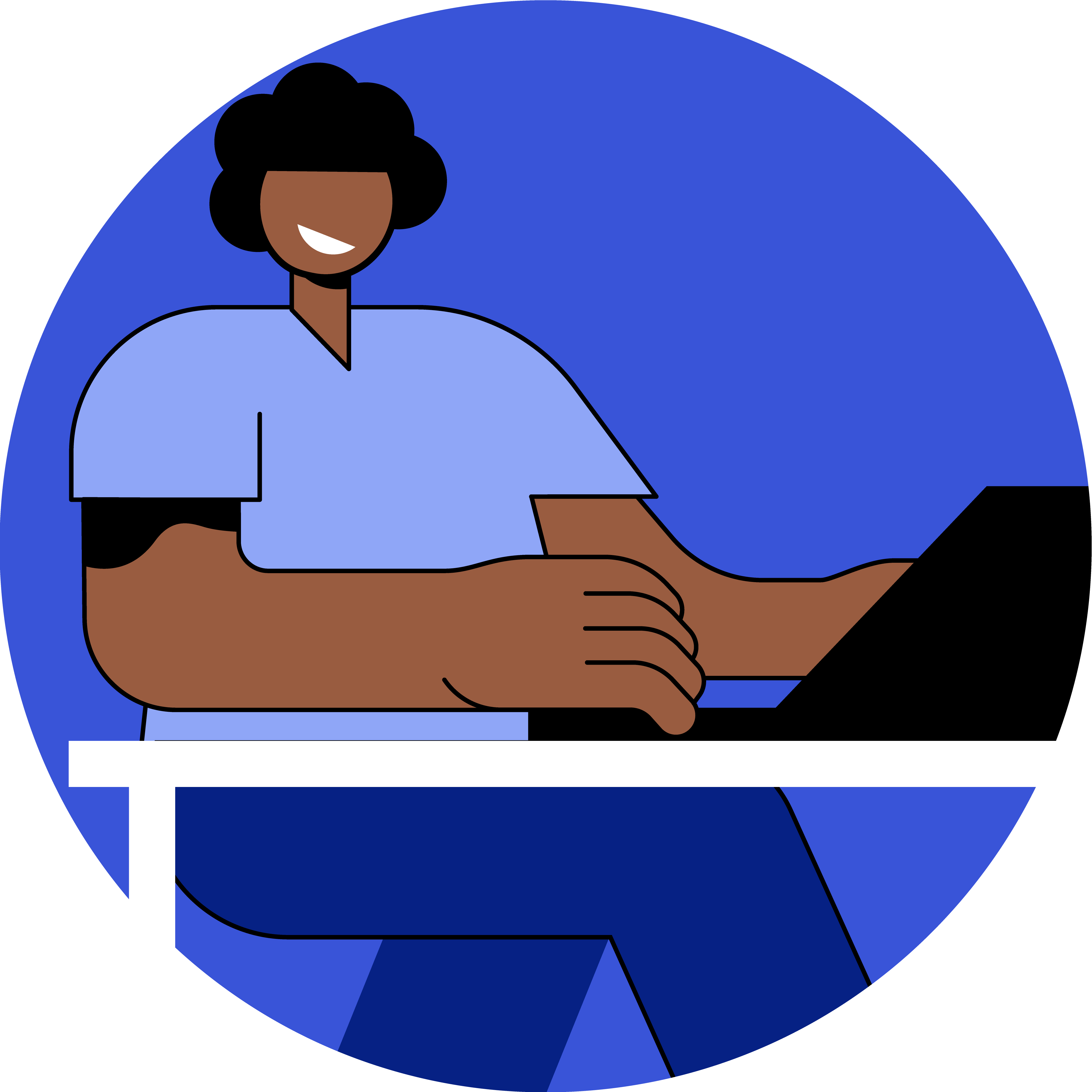 Ilustração de uma pessoa sorridente utilizando um computador, simbolizando estudiosos ou pesquisadores em atividade.