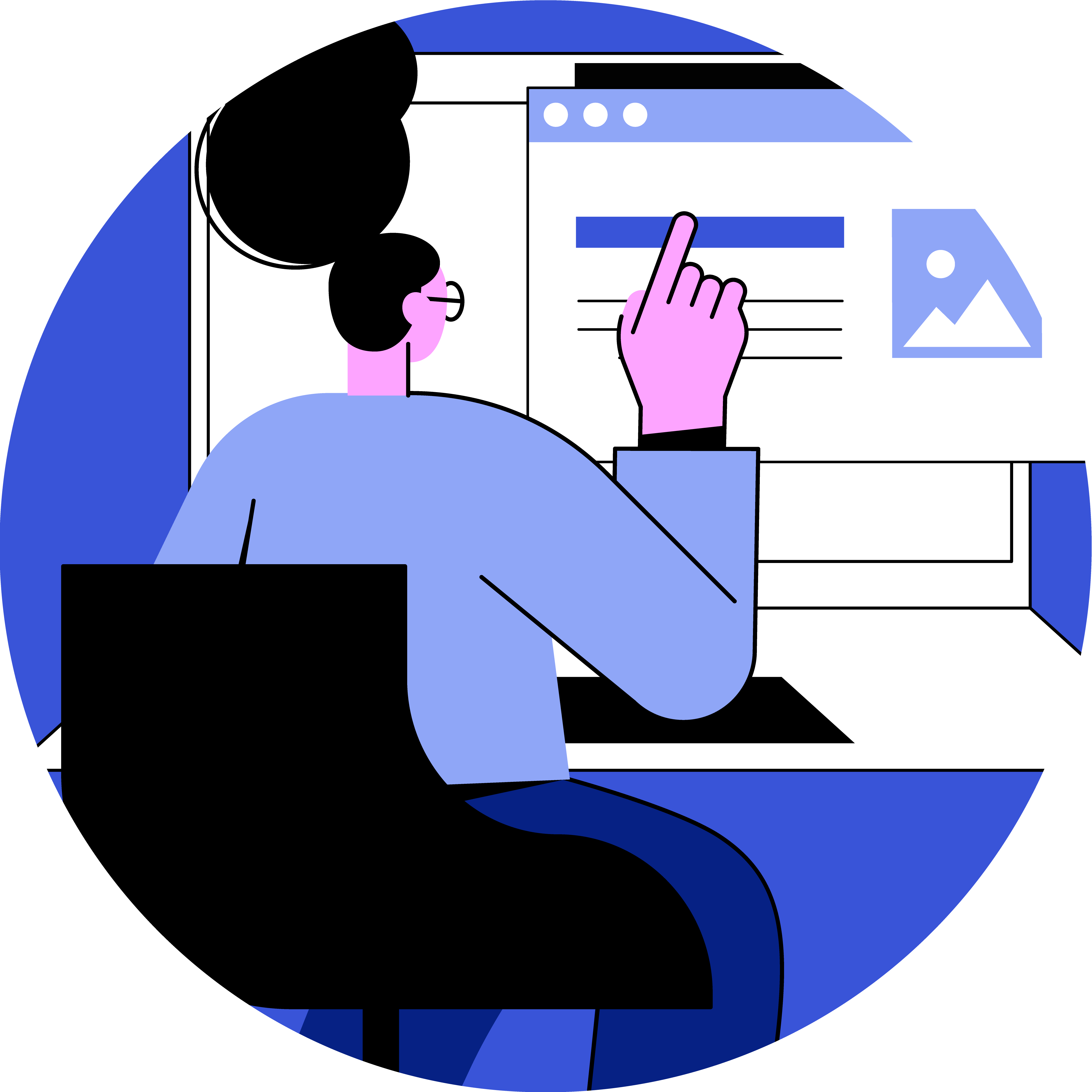 Ilustração de uma pessoa sentada em frente ao computador, interagindo com a tela, representando cidadãos em busca de informações.