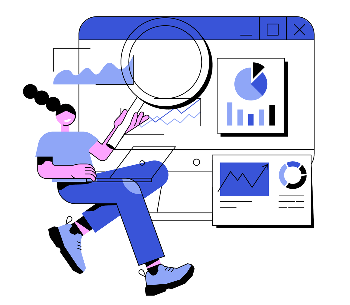 Ilustração de uma pessoa em tons de azul, lilás e preto, analisando gráficos e dados no computador com uma lupa, simbolizando busca e análise de informações.
