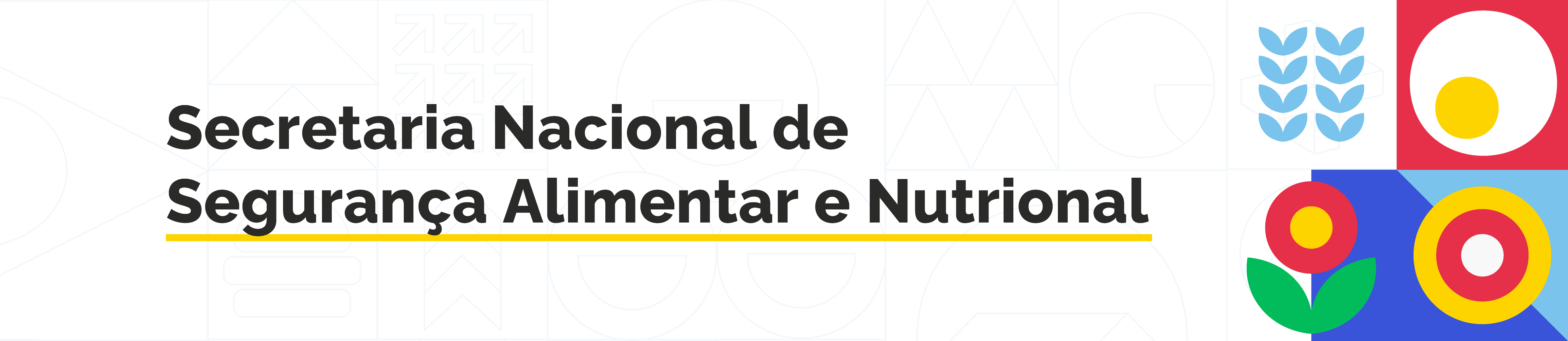 "Banner com fundo claro e ícones coloridos de alimentos e agricultura à direita. Ao centro, o texto ‘Secretaria Nacional de Segurança Alimentar e Nutricional’, destacado por uma linha amarela abaixo."