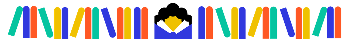 Ilustração decorativa com livros coloridos e símbolo de leitura representando a biblioteca Inovateca