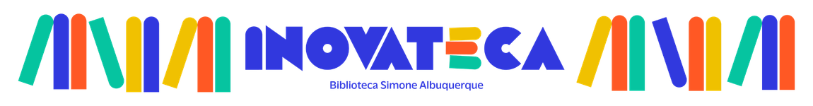 Banner da Inovateca com logotipo central e elementos coloridos inspirados em livros nas laterais