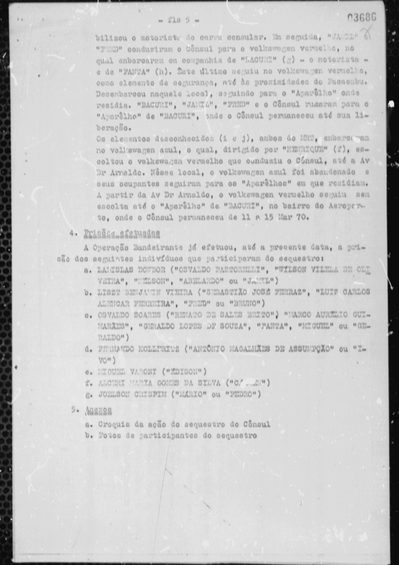 Documento da agência regional do SNI de São Paulo remetido ao Centro de Informações do Exército (CIE), datado de 22 de junho de 1970, com a relação de presos pela Operação Bandeirante (OBAN) relacionados ao sequestro do Cônsul Geral do Japão, na qual consta o nome de Alceri e seu codinome “Carmen”, bem como a qualidade de sua participação no sequestro. (pg. 8) BR DFANBSB V8.MIC, GNC.EEE.81008753 