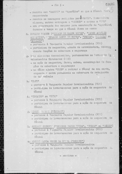 Documento da agência regional do SNI de São Paulo remetido ao Centro de Informações do Exército (CIE), datado de 22 de junho de 1970, com a relação de presos pela Operação Bandeirante (OBAN) relacionados ao sequestro do Cônsul Geral do Japão, na qual consta o nome de Alceri e seu codinome “Carmen”, bem como a qualidade de sua participação no sequestro. (pg. 6) BR DFANBSB V8.MIC, GNC.EEE.81008753 