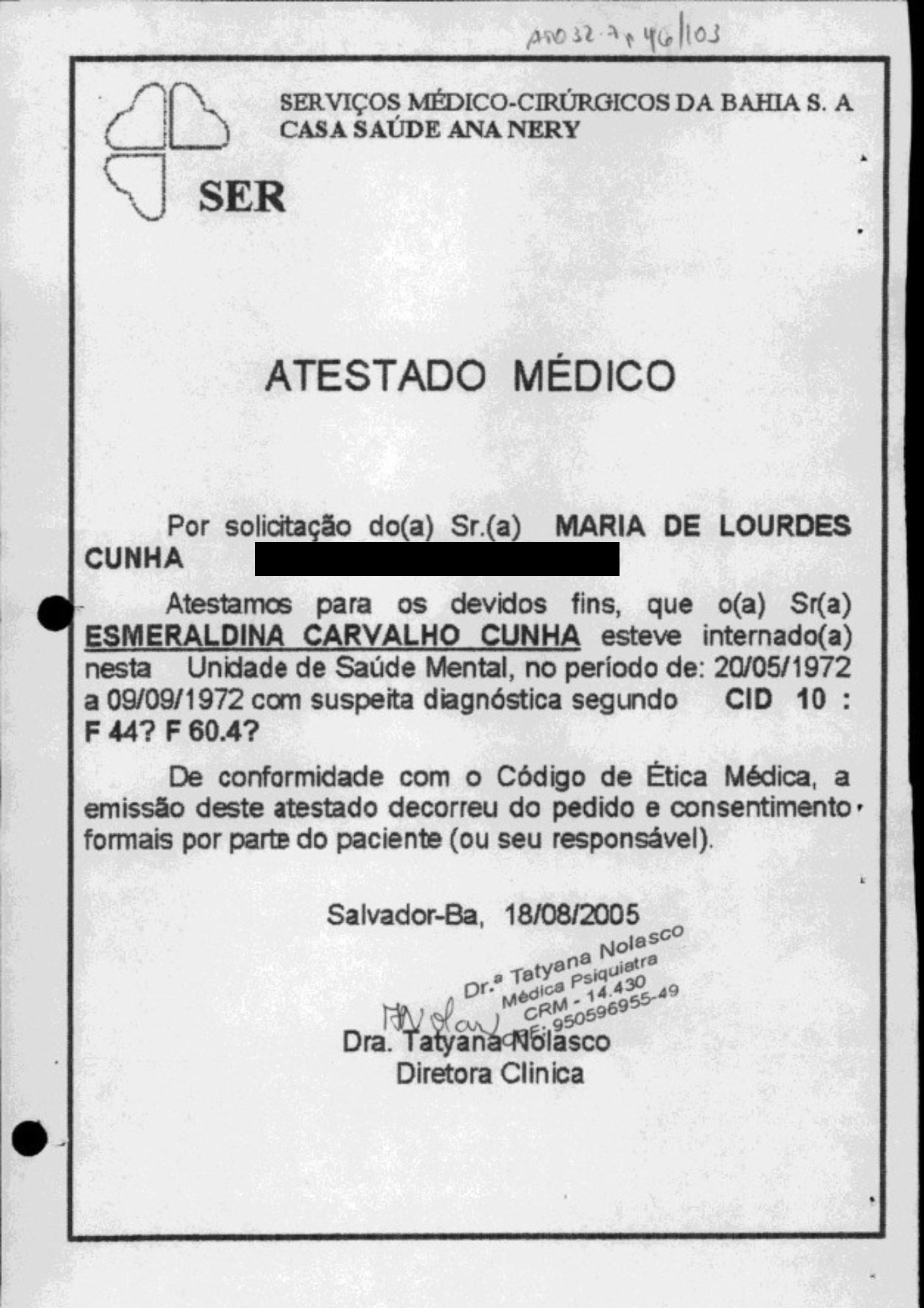 Atestado médico com comprovação de internação de Esmeraldina em Unidade de Saúde Mental