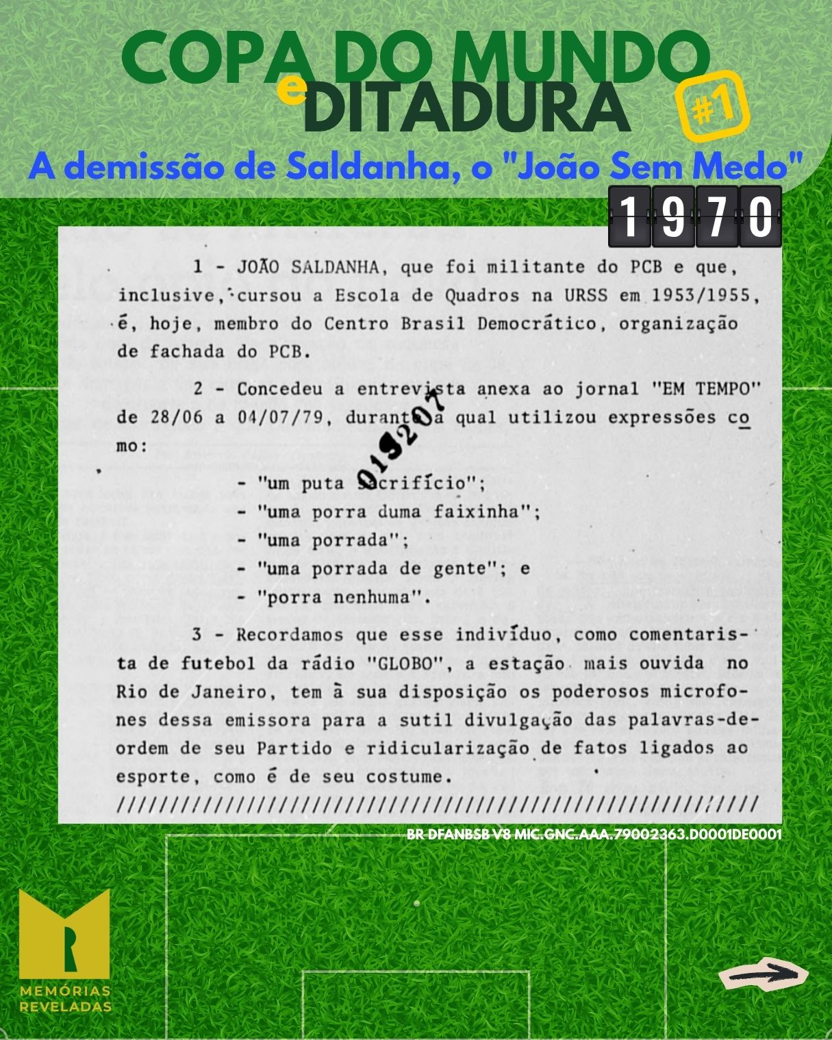 Documento do SNI que mostra vigilância sobre as palavras utilizadas por João Saldanha em entrevista.