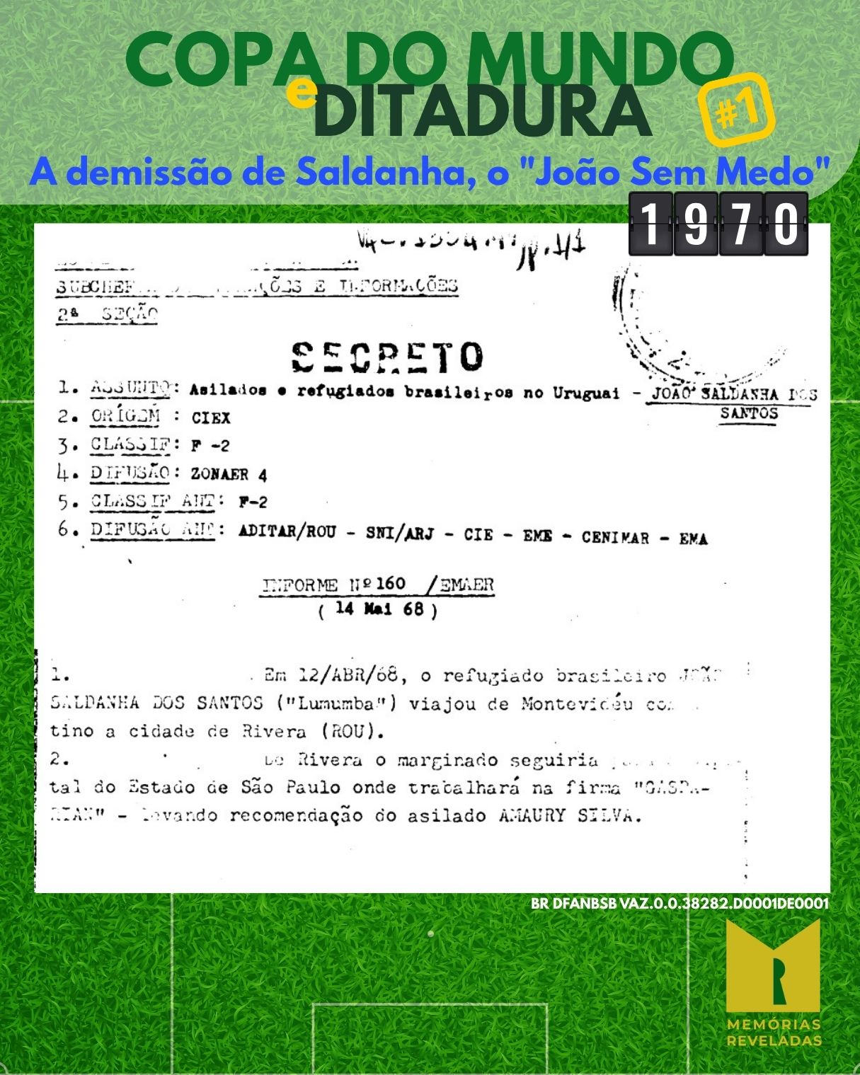 Documento classificado como secreto que monitorava os movimentos de João Saldanha.
