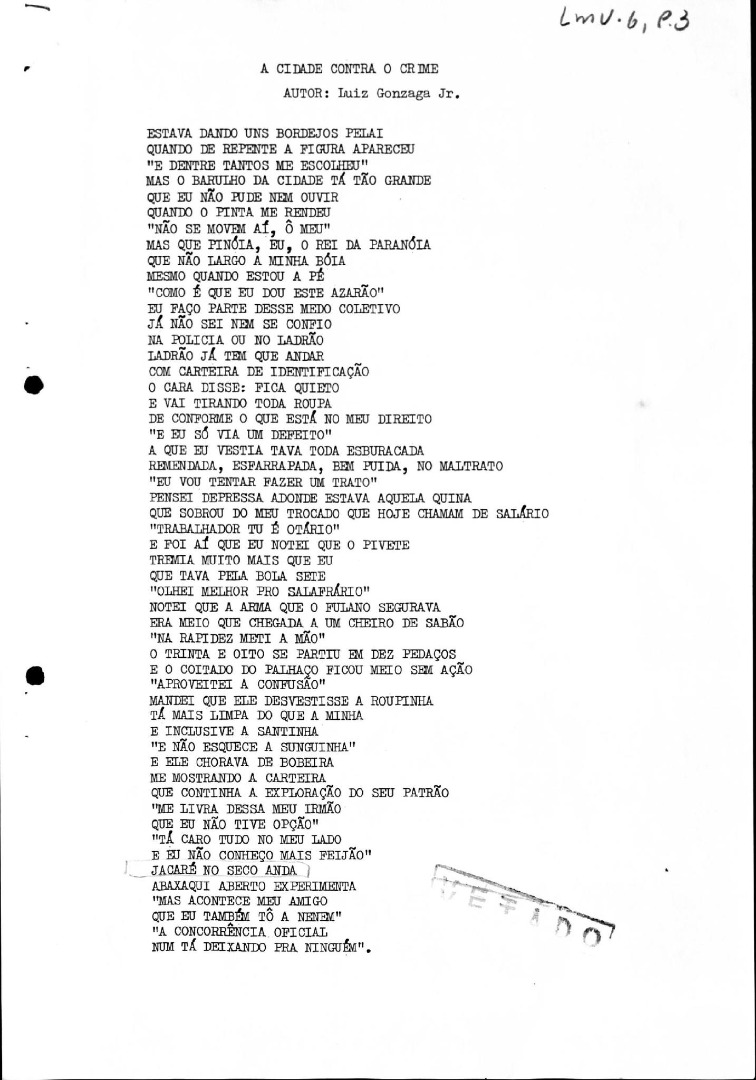 Canção "A Cidade Contra o Crime", de Gonzaguinha, censurada em janeiro de 1980