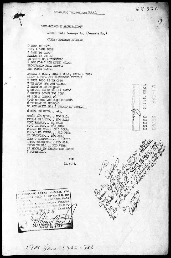 Em Janeiro de 1974, a música "Cama de Gato", de Gonzaguinha, foi vetada pelo Serviço de Censura de Diversões Públicas da ditadura instalada em 1964.