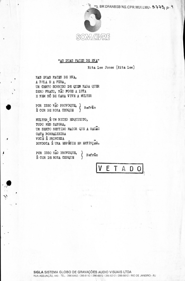 Letra da canção “As duas faces de Eva”, de Rita Lee, censurada em março de 1981
