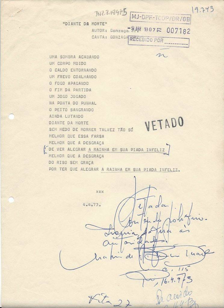 Letra da canção "Diante da Morte", de Gonzaguinha, censurada em abril de 1973 por ter "conteúdo político", "ironia" e "sátira às autoridades" 
