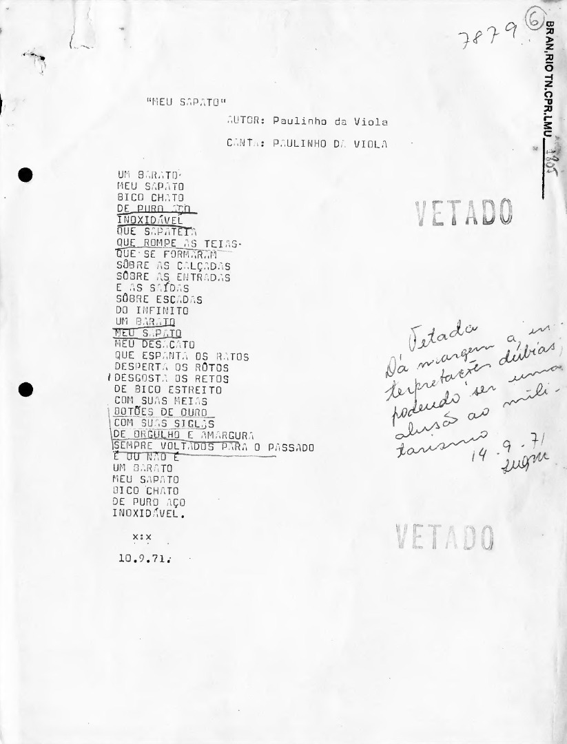 Letra da Canção "Meu sapato", de Paulinho da Viola, censurada em setembro de 1971