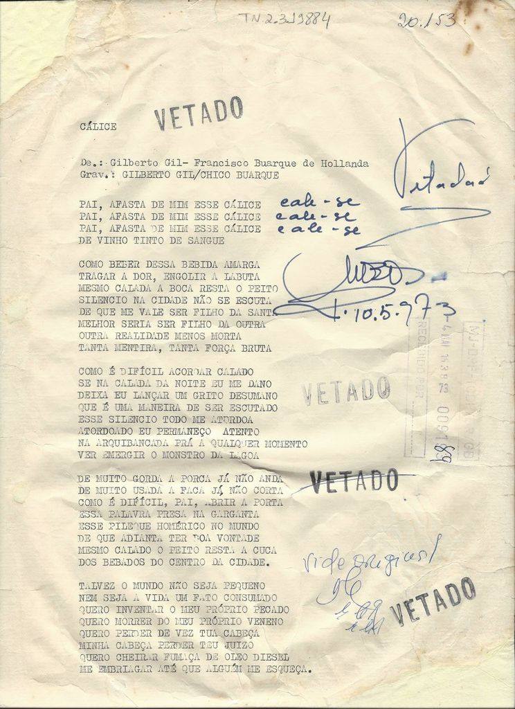 Letra da composição "Cálice", de Gilberto Gil e Chico Buarque, censurada em maio de 1973