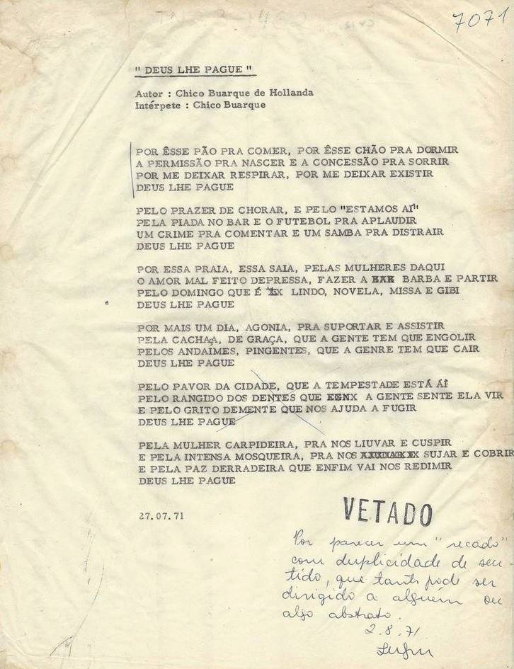 Letra da música "Deus lhe Pague", de Chico Buarque, censurada em agosto de 1971